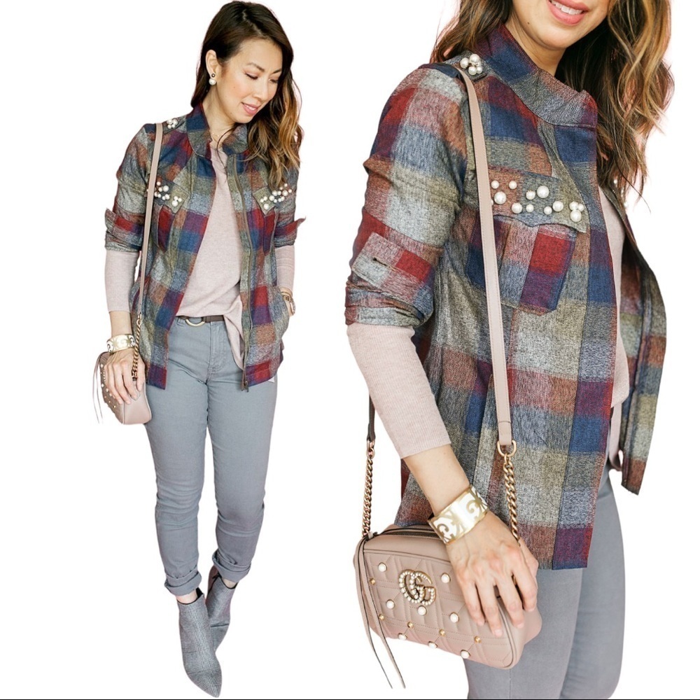 CAbi Collage Plaid Autumn Zip Shacket